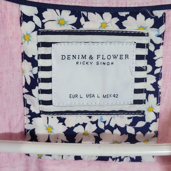 Denim & Flowers, pink, men's, relaxed button up, flower sleeve trim, new - Picture 4 of 7